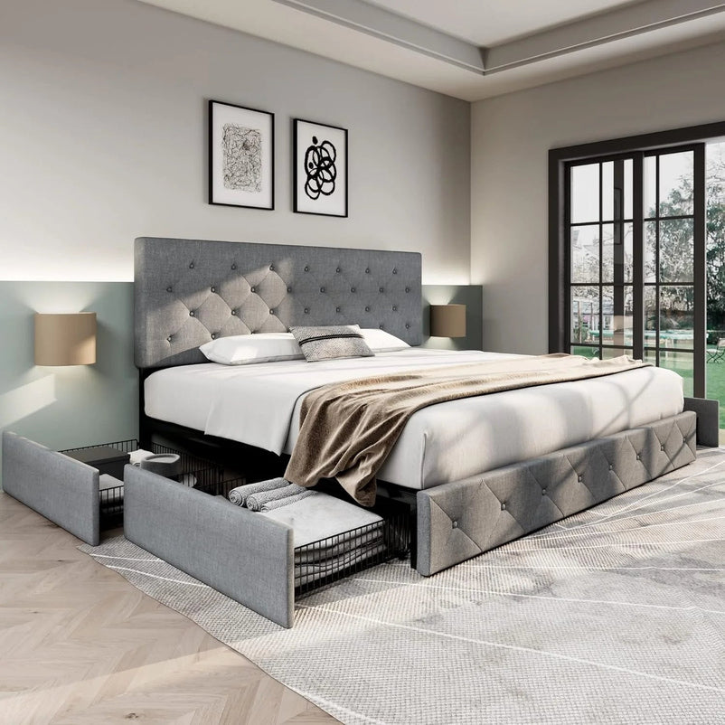 Allewie Upholstered Queen Size Platform Bed Frame with 4 Storage Drawers and Headboard, Square Stitched Button Tufted, Mattress Foundation with Wooden Slats Support, No Box Spring Needed, Light Grey