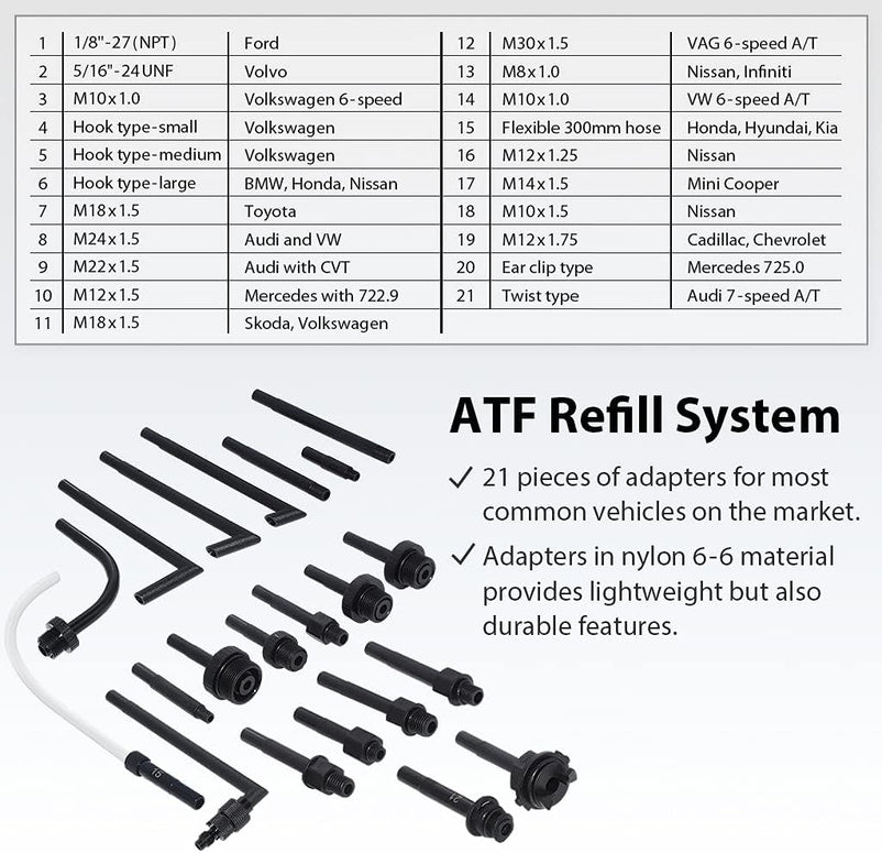 A1139HNUS Patented 12.5L Automatic Transmission Fluid Pump for ATF Filler System with 21 Pieces Taiwan-ATF Filling Adapters, Pneumatic and Manual Operation for Refilling Use