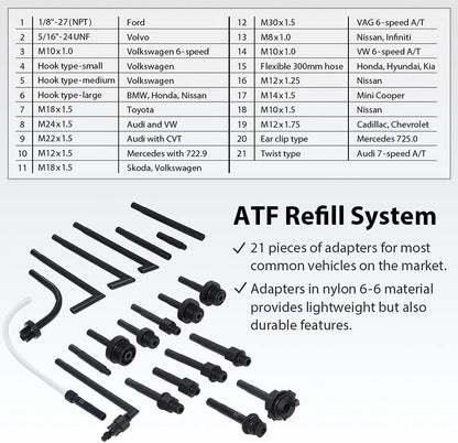 A1139HNUS Patented 12.5L Automatic Transmission Fluid Pump for ATF Filler System with 21 Pieces Taiwan-ATF Filling Adapters, Pneumatic and Manual Operation for Refilling Use