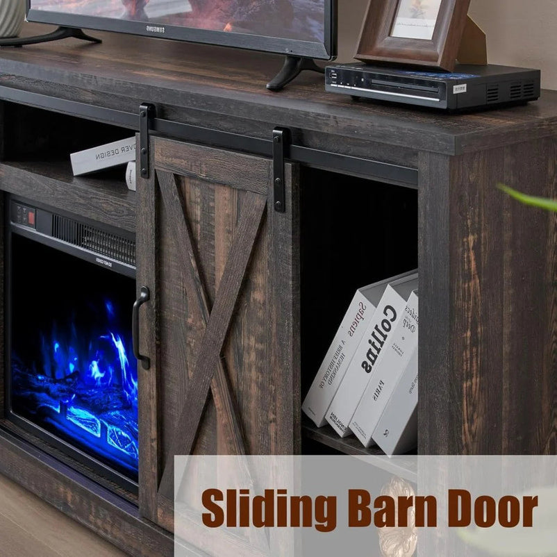 AMERLIFE Fireplace TV Stand with Sliding Barn Door for TVs up to 73", Farmhouse 63" Fireplace Entertainment Center with Storage Cabinets/Adjustable Shelves