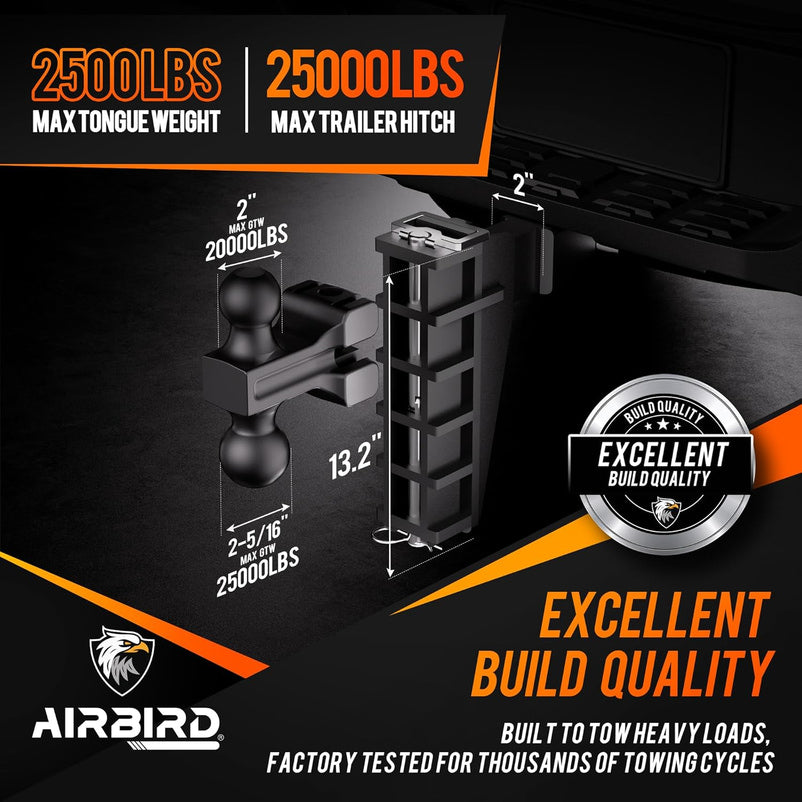 Adjustable Trailer Hitch Fits 2-Inch Receiver, Heavy Duty Tow Hitches (17000 LBS GTW) 6 Inch Drop Truck Hitch Tri-Ball Mount with Hook (1-7/8" x 2" x 2-5/16")
