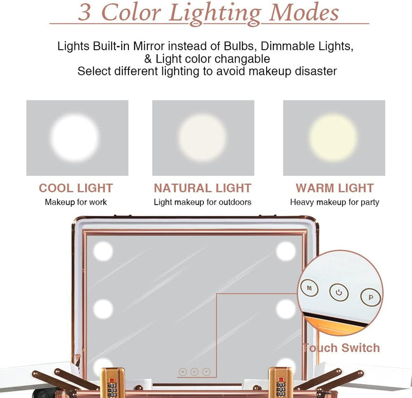 Medium Makeup Train Case with Code Lock, Lighted Mirror, Speaker Travel Cosmetic Organizer Box, Professional Artist Trolley Studio Free Standing Case