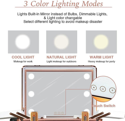 Medium Makeup Train Case with Code Lock, Lighted Mirror, Speaker Travel Cosmetic Organizer Box, Professional Artist Trolley Studio Free Standing Case