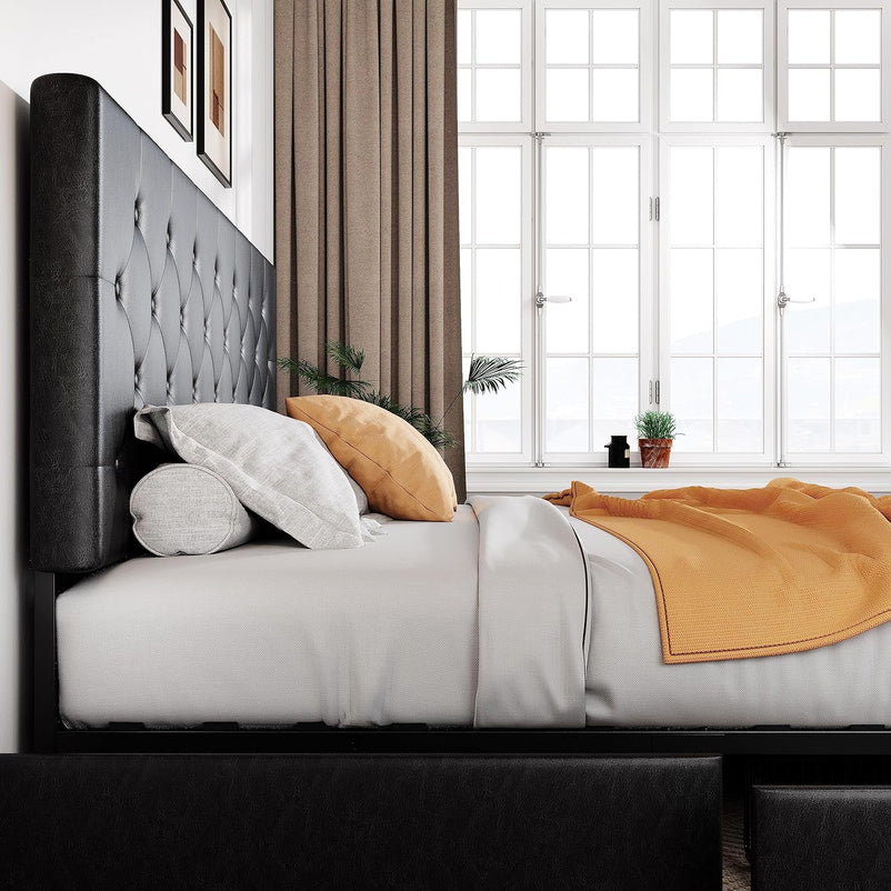 Allewie Upholstered Queen Size Platform Bed Frame with 4 Storage Drawers and Headboard, Square Stitched Button Tufted, Mattress Foundation with Wooden Slats Support, No Box Spring Needed, Light Grey