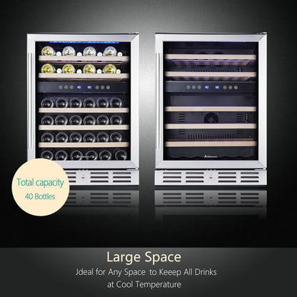 24 inch Wine Cooler, 46 Bottle - Dual Zone Built-in or Freestanding Fridge with Stainless Steel Reversible Glass Door, for Home, Kitchen, or Office.