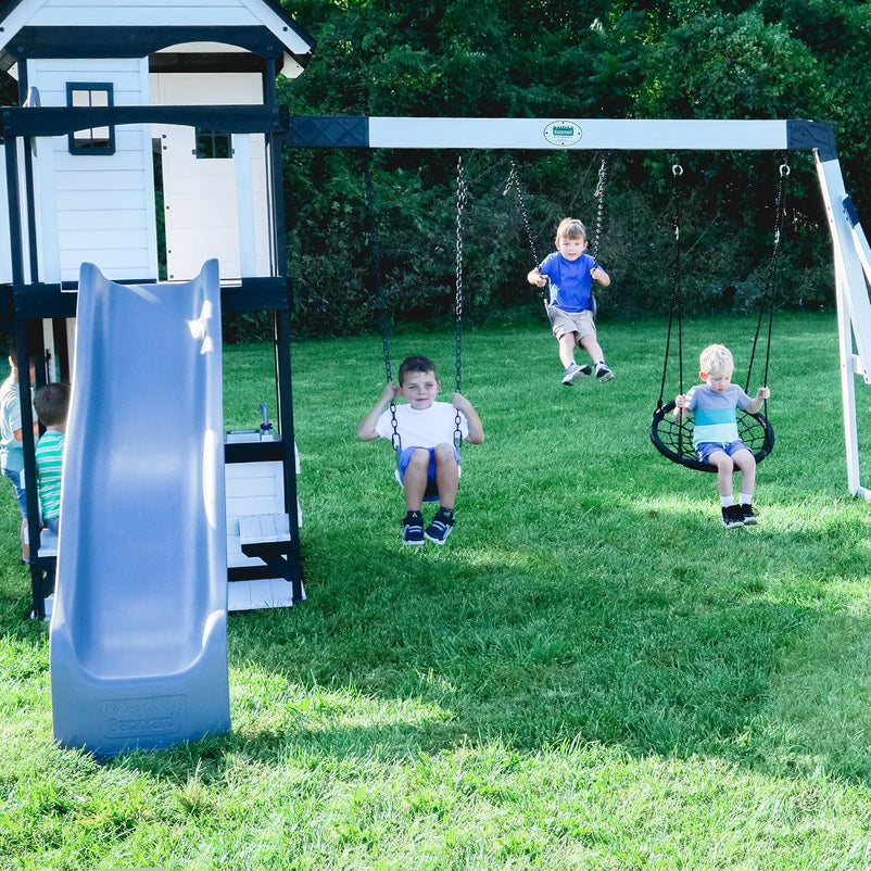Canyon Creek Cedar Wood Swing Set with Wave Slide, Clubhouse, Play Kitchen, Picnic Area, Belt Swings, Web Swing, Rock Wall, Balconies, Playhouse, Step Ladder, Outdoor Playset