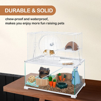 3 Tiers Large Hamster Cages, Glass Hamster Cage Habitat with Openable Wire Topper, Gerbil Cage with Two Ladders Ramps and Removeable Waterproof PVC Tray, Easy to Clean