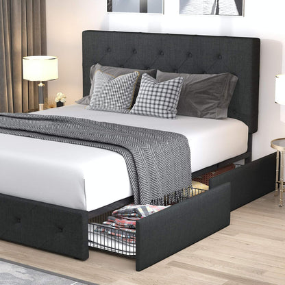 Allewie Upholstered Queen Size Platform Bed Frame with 4 Storage Drawers and Headboard, Square Stitched Button Tufted, Mattress Foundation with Wooden Slats Support, No Box Spring Needed, Light Grey