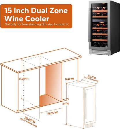 24'' Wine Cooler Refrigerator - 46 Bottle Wine Fridge Dual Zone with Modern Touch Intelligent Digital 40°-65°F Low Noise, Built in or Freestanding Wine Cooler for Home and Kitchen