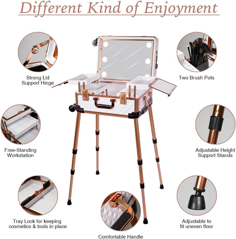 Medium Makeup Train Case with Code Lock, Lighted Mirror, Speaker Travel Cosmetic Organizer Box, Professional Artist Trolley Studio Free Standing Case