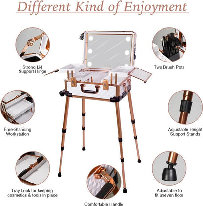 Medium Makeup Train Case with Code Lock, Lighted Mirror, Speaker Travel Cosmetic Organizer Box, Professional Artist Trolley Studio Free Standing Case