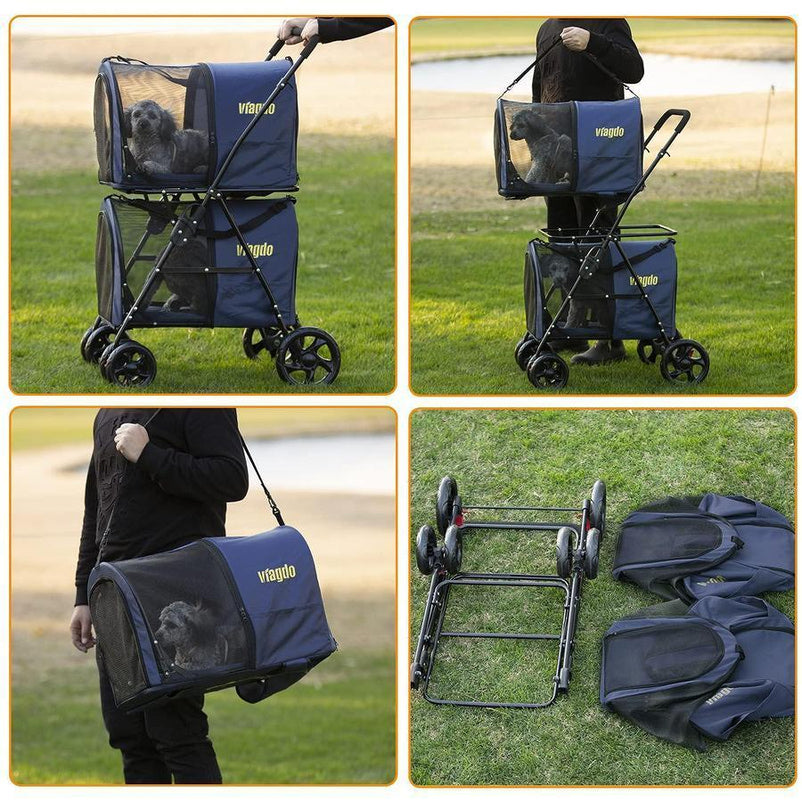 42 Double Pet Stroller for 2 Dogs & Cats,4 Wheels Dog Strollers Folding Travel Cat Stroller with Suspension System,Navy Blue