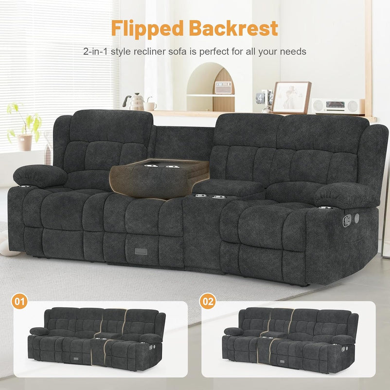 3 Seat Reclining Sofa with Storage Drawer USB Ports & Cup Holders Manual Couch