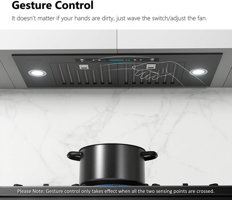 30 inch Built-in/Insert Range Hood 900 CFM, Ducted/Ductless Convertible Duct, Stainless Steel Kitchen Vent Hood with 4 Speed Gesture Sensing&Touch Control Panel(IKB01-30)