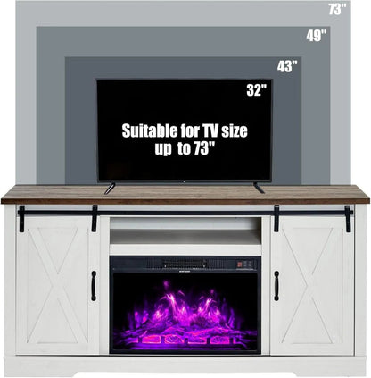 AMERLIFE Fireplace TV Stand with Sliding Barn Door for TVs up to 73", Farmhouse 63" Fireplace Entertainment Center with Storage Cabinets/Adjustable Shelves