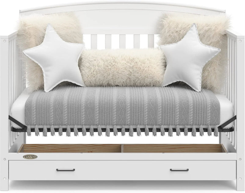 5-in-1 Convertible Baby Bed (with drawers, white) - Green Guardian Gold Certification, built-in baby bed storage drawer, convertible to toddler bed, day bed and full-size bed