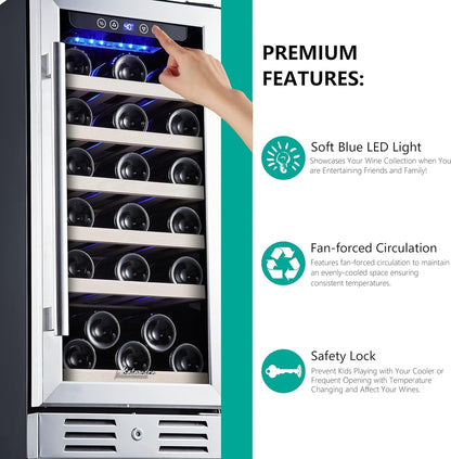 24 inch Wine Cooler, 46 Bottle - Dual Zone Built-in or Freestanding Fridge with Stainless Steel Reversible Glass Door, for Home, Kitchen, or Office.