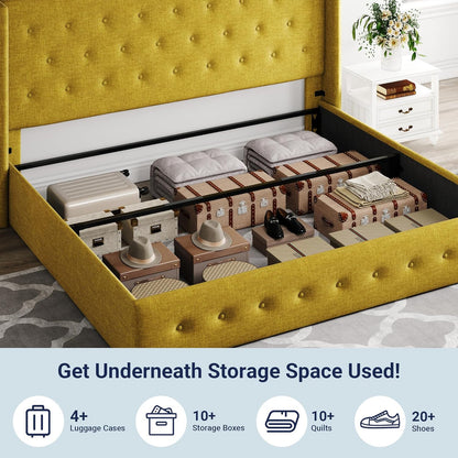 Allewie Queen Size Lift Up Storage Bed, Modern Wingback Headboard, Hydraulic Support, No Box Spring Needed, Light Beige