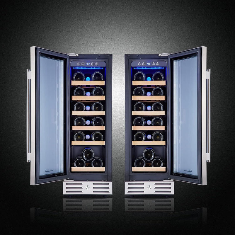 24 inch Wine Cooler, 46 Bottle - Dual Zone Built-in or Freestanding Fridge with Stainless Steel Reversible Glass Door, for Home, Kitchen, or Office.