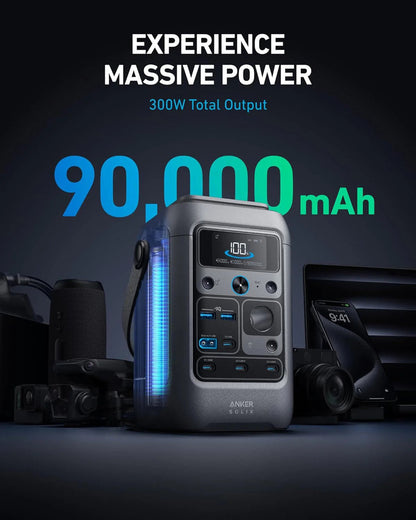 Anker Power Bank Station SOLIX C300 DC (90,000mAh), 288Wh, Portable Power Station, 300W Solar Generator, LiFePO4 Battery, Generators for Home Use, for Outdoor Camping(No Wall Charger Included)