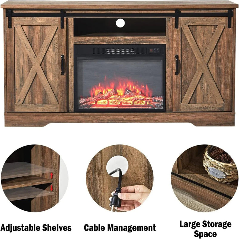 AMERLIFE Fireplace TV Stand with Sliding Barn Door for TVs up to 73", Farmhouse 63" Fireplace Entertainment Center with Storage Cabinets/Adjustable Shelves