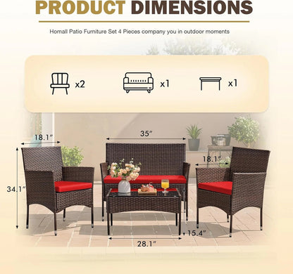 4 Pieces Patio Rattan Chair Wicker, Outdoor Indoor Use Backyard Porch Garden Poolside Balcony Furniture Sets (Red)