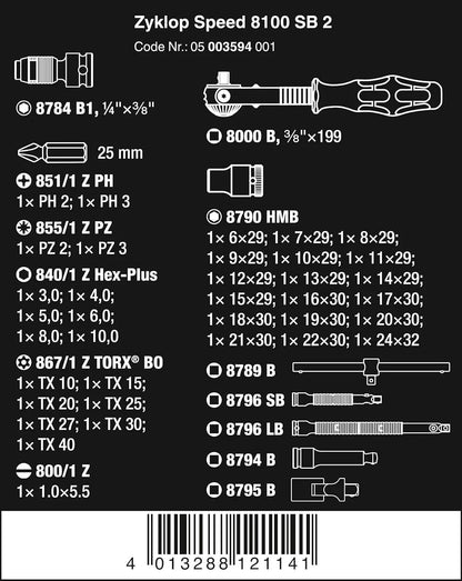 5003594001 8100 SB 2 Zyklop 3/8" Metric Ratchet Set ( Piece of 43)