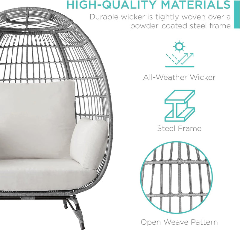 Best Choice Products Wicker Egg Chair, Oversized Indoor Outdoor Lounger for Patio, Backyard, Living Room w/ 4 Cushions, Steel Frame, 440lb Capacity - Ivory