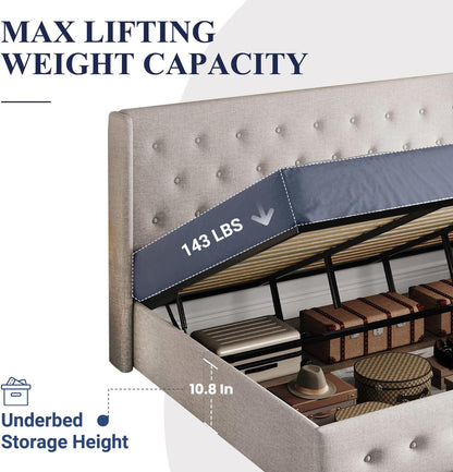 Allewie Queen Size Lift Up Storage Bed, Modern Wingback Headboard, Hydraulic Support, No Box Spring Needed, Light Beige