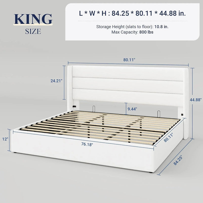 Allewie Queen Size Lift Up Storage Bed, Modern Wingback Headboard, Hydraulic Support, No Box Spring Needed, Light Beige