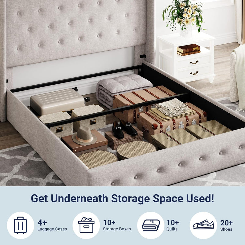 Allewie Queen Size Lift Up Storage Bed, Modern Wingback Headboard, Hydraulic Support, No Box Spring Needed, Light Beige