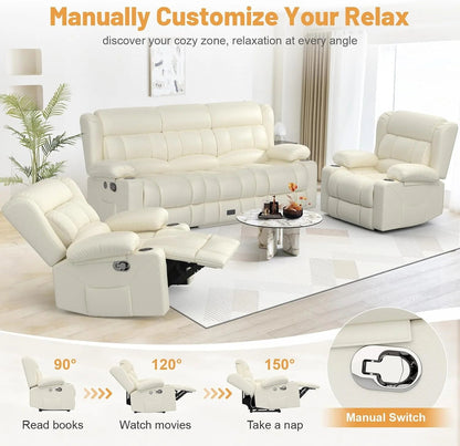 3 Seat Reclining Sofa with Storage Drawer USB Ports & Cup Holders Manual Couch