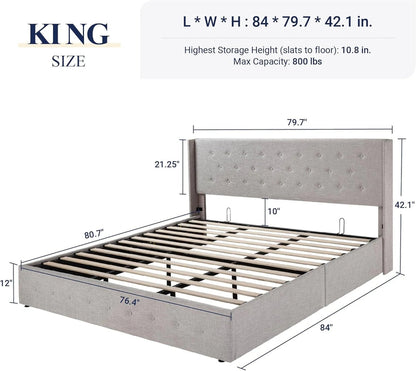 Allewie Queen Size Lift Up Storage Bed, Modern Wingback Headboard, Hydraulic Support, No Box Spring Needed, Light Beige