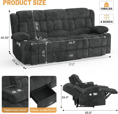 3 Seat Reclining Sofa with Storage Drawer USB Ports & Cup Holders Manual Couch