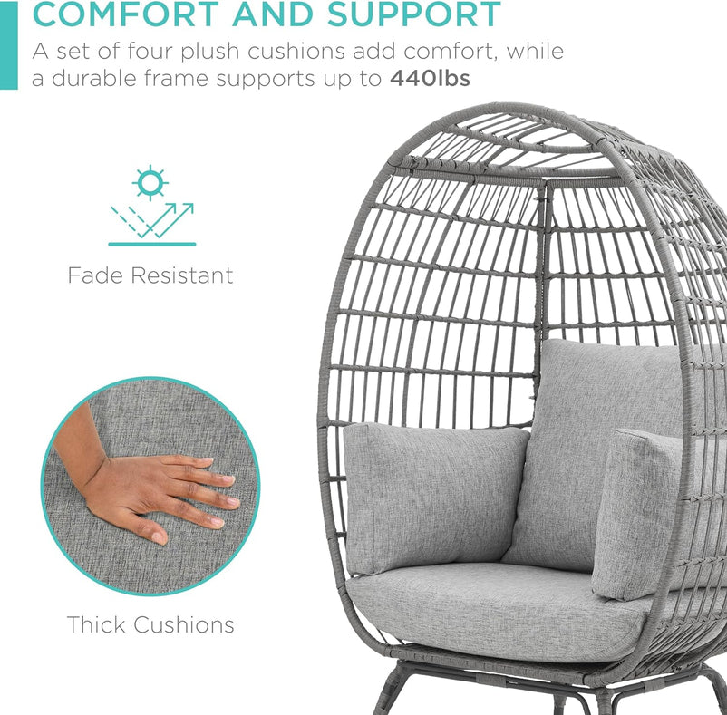 Best Choice Products Wicker Egg Chair, Oversized Indoor Outdoor Lounger for Patio, Backyard, Living Room w/ 4 Cushions, Steel Frame, 440lb Capacity - Ivory