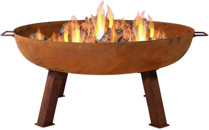 34-Inch Rustic Cast Iron Outdoor Raised Fire Pit Bowl with Handles - Oxidized Finish