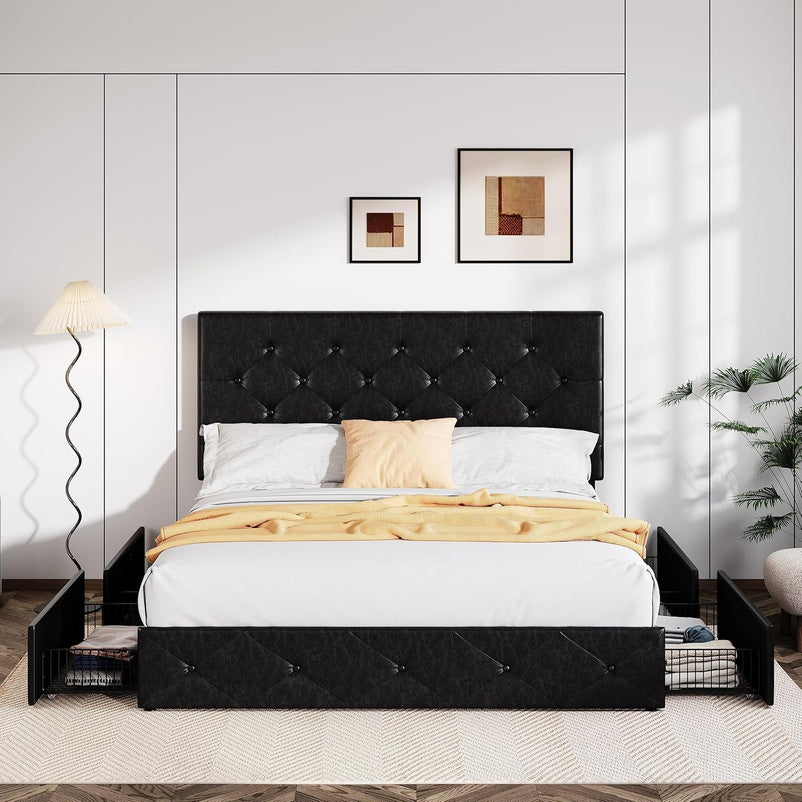 Allewie Upholstered Queen Size Platform Bed Frame with 4 Storage Drawers and Headboard, Square Stitched Button Tufted, Mattress Foundation with Wooden Slats Support, No Box Spring Needed, Light Grey