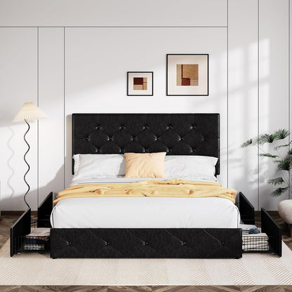 Allewie Upholstered Queen Size Platform Bed Frame with 4 Storage Drawers and Headboard, Square Stitched Button Tufted, Mattress Foundation with Wooden Slats Support, No Box Spring Needed, Light Grey