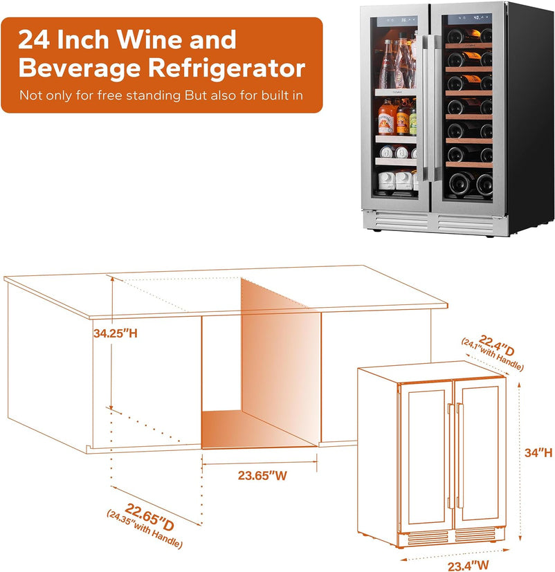 24'' Wine Cooler Refrigerator - 46 Bottle Wine Fridge Dual Zone with Modern Touch Intelligent Digital 40°-65°F Low Noise, Built in or Freestanding Wine Cooler for Home and Kitchen