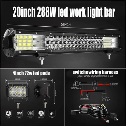 20in Triple Row led Light bar, 288W Waterproof Spot Flood Combo Automotive Work Light Bars+4pcs 72w led pods with Wiring Harness,for Off Road,Truck,Car,ATV,SUV,4X4,Boat,Tractor,Trailers C51
