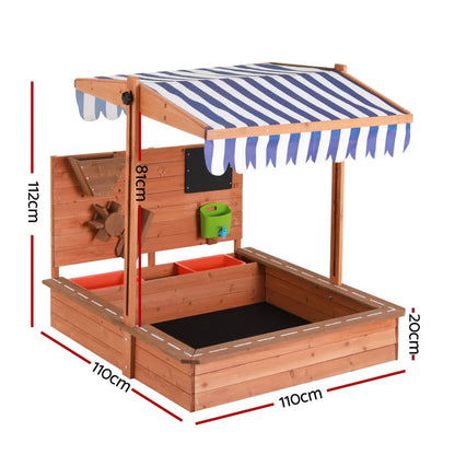 Adjustable Canopy Wooden Kids Sandpit w/ Cover, Extras - Keezi