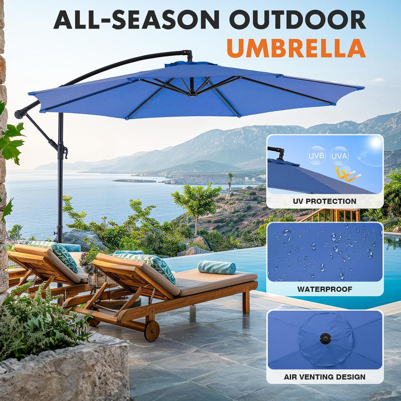 9.8FT Offset Patio Umbrella Hanging Cantilever Umbrella Outdoor Sun Shade with Easy Tilt Adjustment, 8 Ribs, UV Protection for Backyard, Lawn, Garden and Pool, Blue