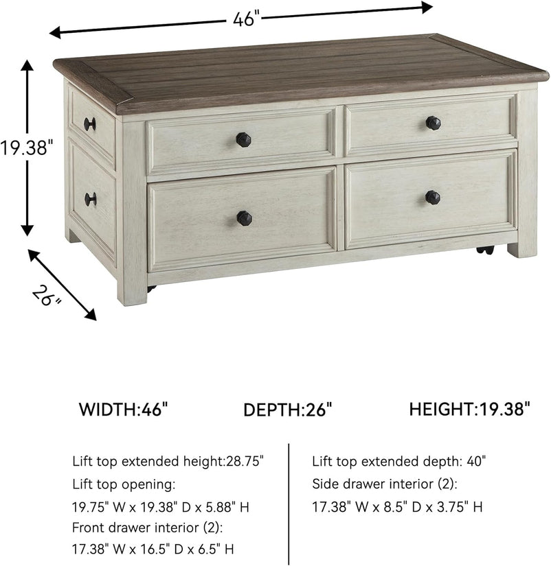 Ashley Bolanburg Lift Top Coffee Table with Drawers, Antique Cream & Brown