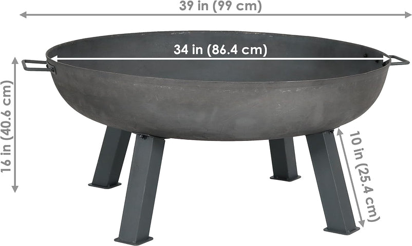 34-Inch Rustic Cast Iron Outdoor Raised Fire Pit Bowl with Handles - Oxidized Finish