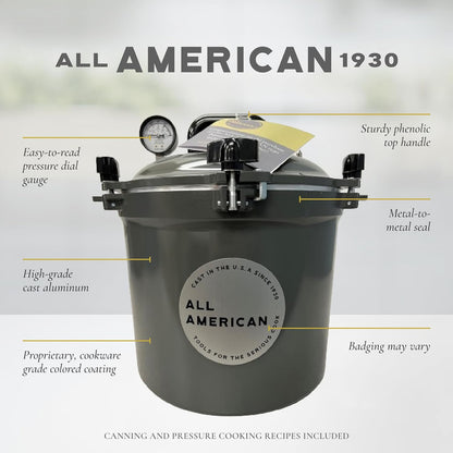 All American 1930: 21.5qt Pressure Cooker/Canner (The 921) – Exclusive Metal to Metal Sealing System – Easy to Open & Close – Suitable for Gas, Electric, or Flat Top Stoves – Made in the USA