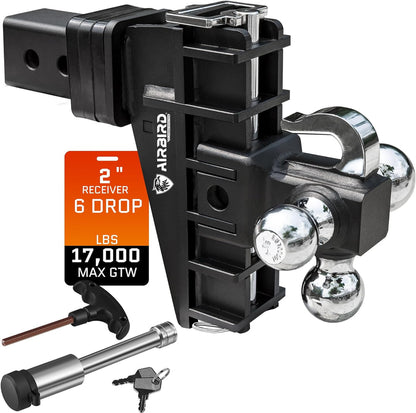 Adjustable Trailer Hitch Fits 2-Inch Receiver, Heavy Duty Tow Hitches (17000 LBS GTW) 6 Inch Drop Truck Hitch Tri-Ball Mount with Hook (1-7/8" x 2" x 2-5/16")