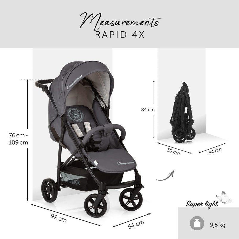 4X Carrito Bebe, desde el Nacimiento hasta 25 kg, Silla de Paseo Ligera, Silla Bebe, Reclinable, Plegable, Compacta, Mickey Mouse Gris