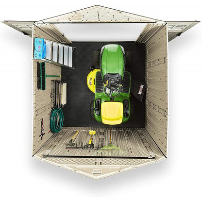 7×7 Ft Durable Weather Resistant Resin Outdoor Garden Storage Shed with Windows and Utility Hooks, Sand
