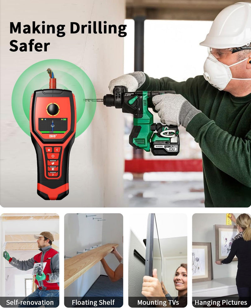 5 in 1 Stud Finder Wall Scanner Rechargeable with 9 Sensors for Precise Center and Edge of AC Wire Magnetic Metal Joist Wood Pipe Detection, HD Color Display Position & Depth, Audio Light Alarm