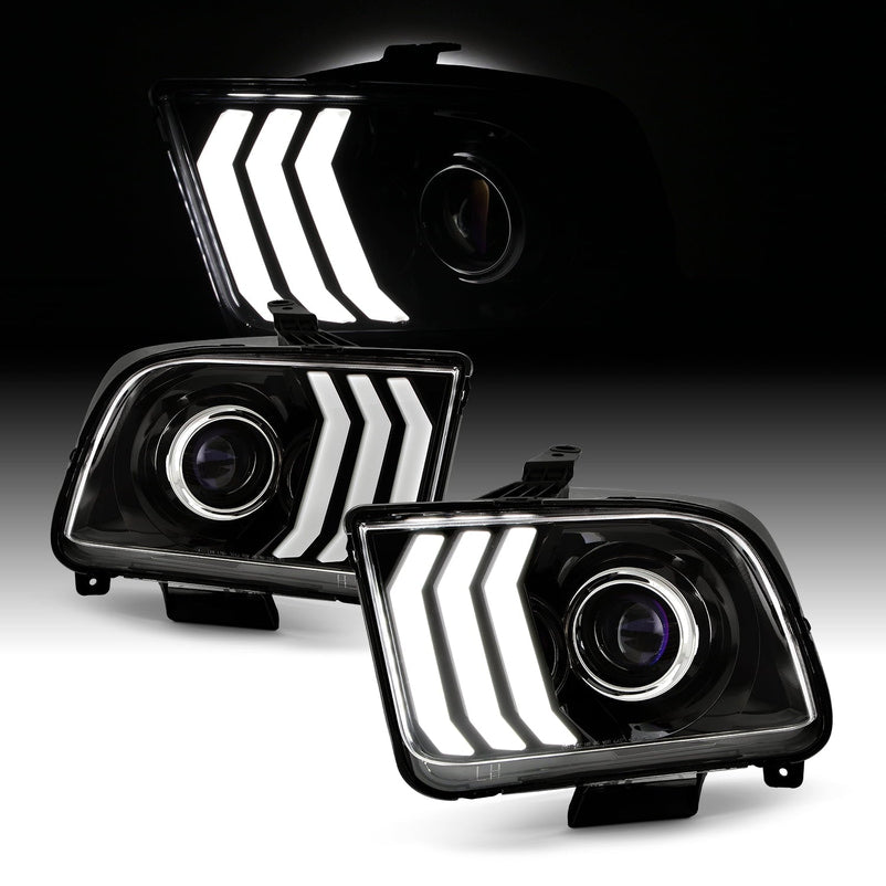 AKKON - Fits 2005-2009 Ford Mustang LED Tube DRL Parking Halogen Type Projector Black Headlights Pair Driver+Passenger
